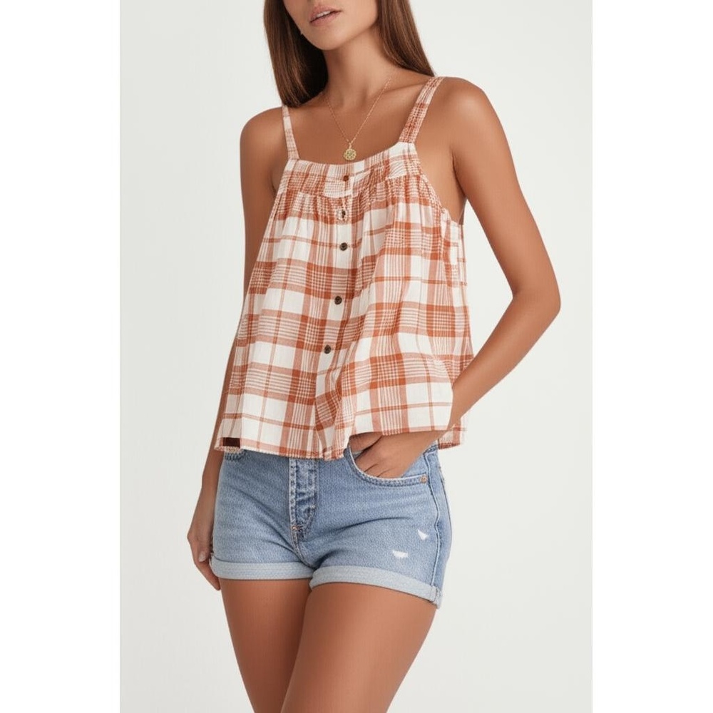 Ana Tank Top Womens Size Medium Petite Plaid Button Front Gathered Neckline Boho